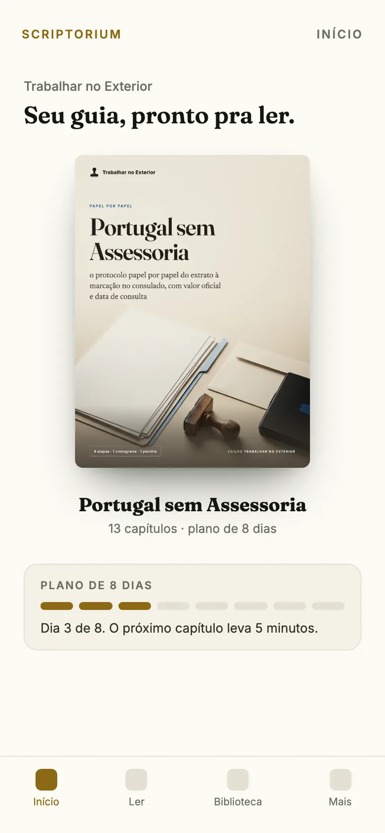 Capa do app: o ebook Portugal sem Assessoria aberto na tela Início, com o plano de 8 dias