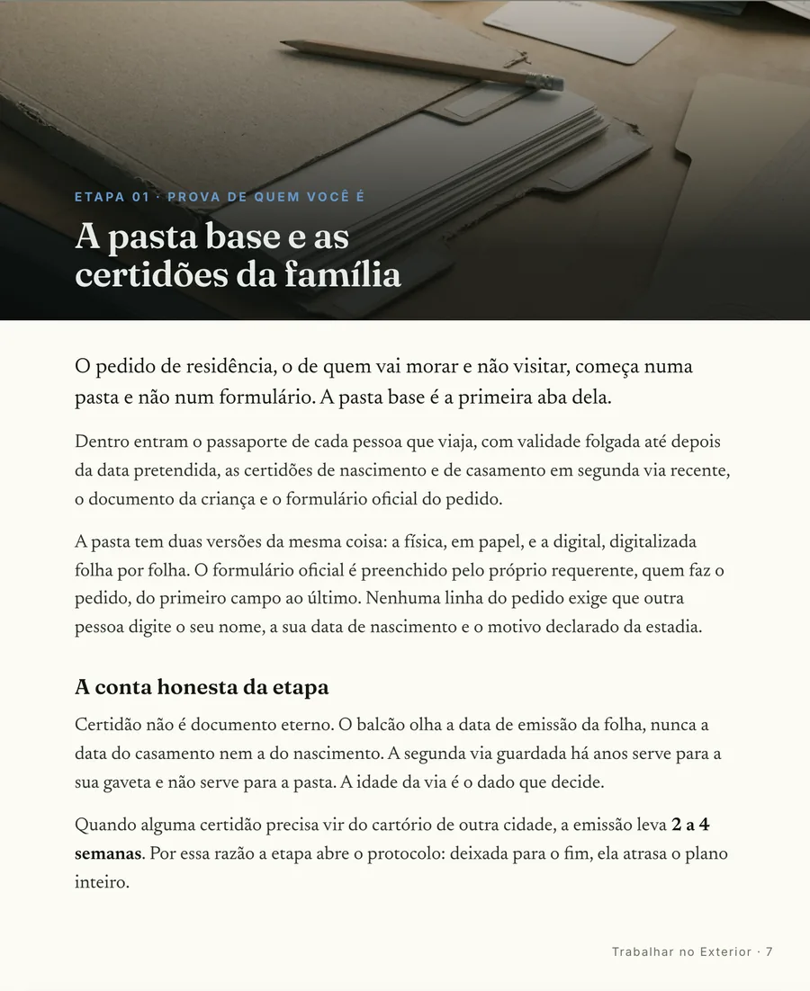 Abertura de etapa: Cada etapa abre em cena, das certidões legalizadas à agenda do posto consular